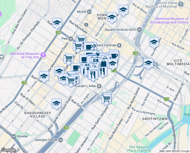 map of restaurants, bars, coffee shops, grocery stores, and more near 1050 Rue Drummond in Montrã©Al