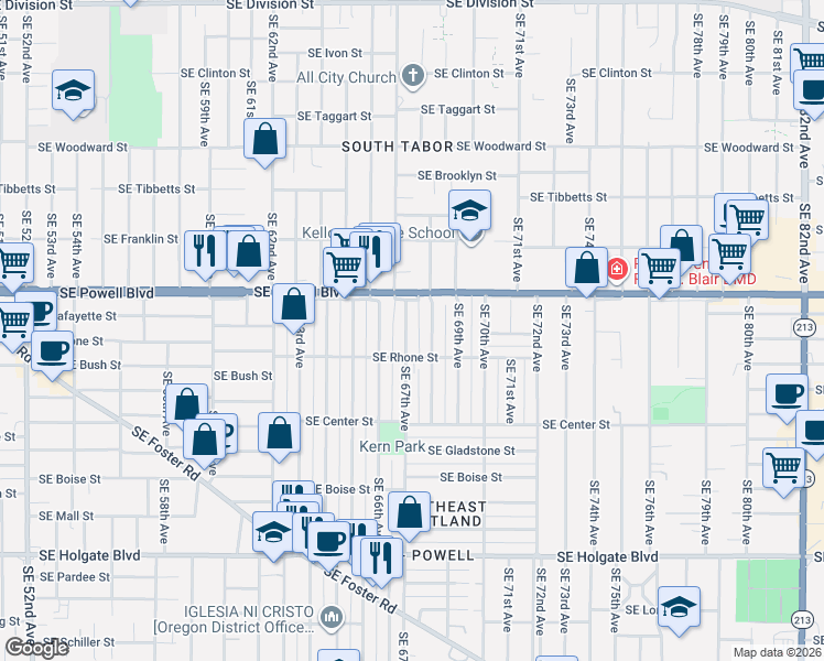 map of restaurants, bars, coffee shops, grocery stores, and more near 3558 Southeast 67th Avenue in Portland