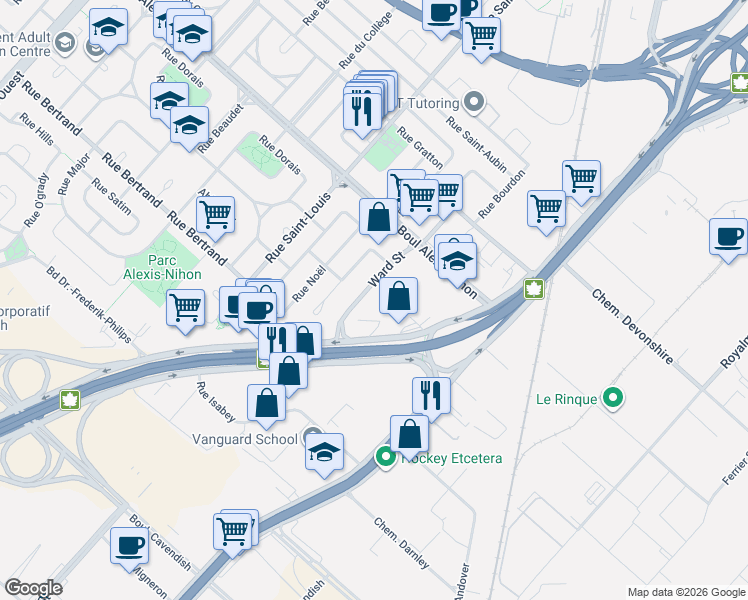 map of restaurants, bars, coffee shops, grocery stores, and more near 2320 Rue Ward in Montréal