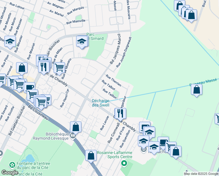 map of restaurants, bars, coffee shops, grocery stores, and more near 7063 Rue Talbot in Longueuil
