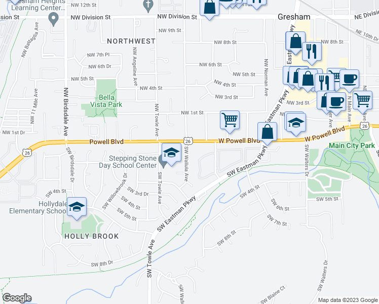 map of restaurants, bars, coffee shops, grocery stores, and more near 82 Southwest Wallula Avenue in Gresham