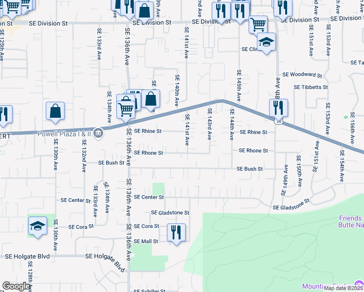 map of restaurants, bars, coffee shops, grocery stores, and more near 3605 SE 141st Ave in Portland