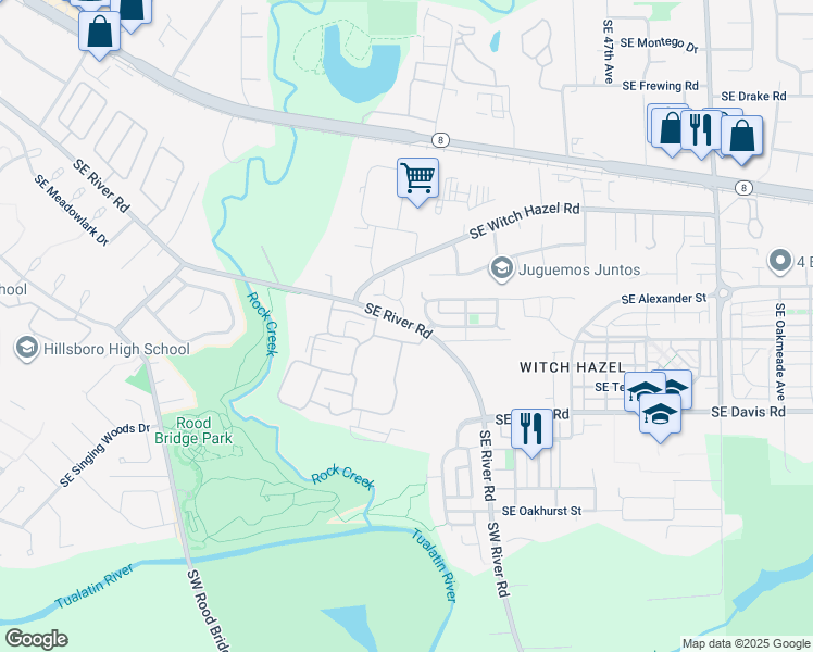 map of restaurants, bars, coffee shops, grocery stores, and more near 3280 Southeast River Road in Hillsboro