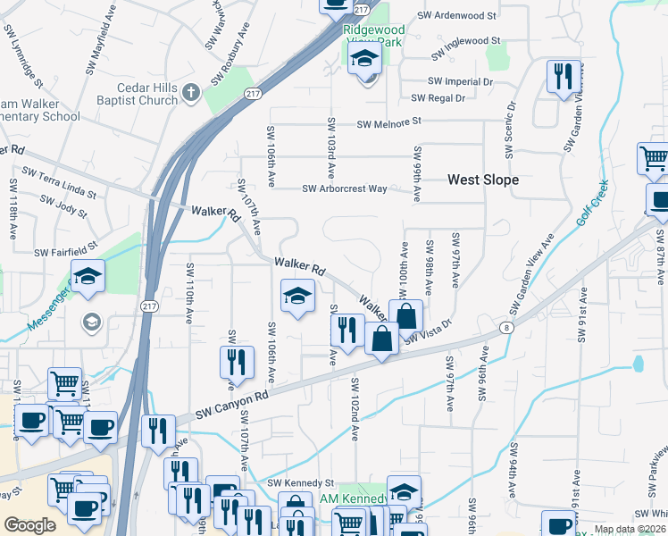 map of restaurants, bars, coffee shops, grocery stores, and more near 10305 Southwest Walker Road in Beaverton
