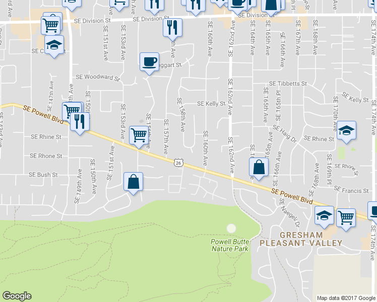 map of restaurants, bars, coffee shops, grocery stores, and more near 3615 Southeast 159th Avenue in Portland