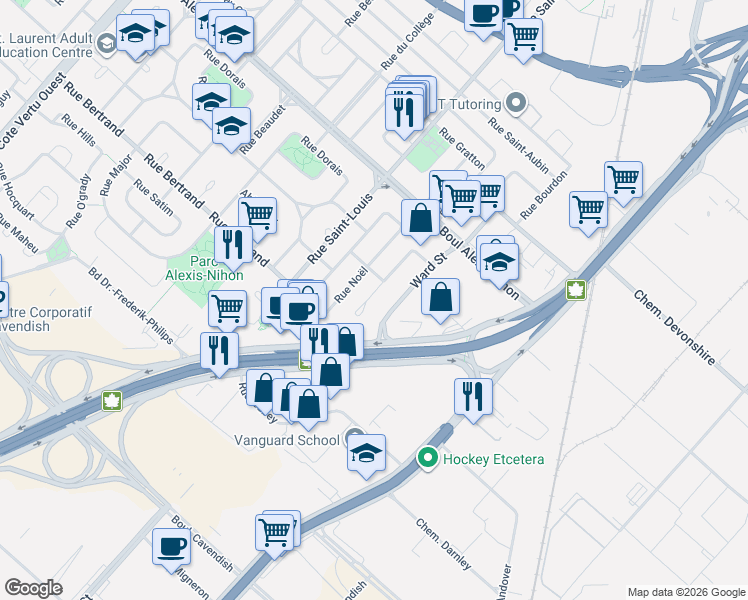 map of restaurants, bars, coffee shops, grocery stores, and more near 2370 Rue Gold in Montréal