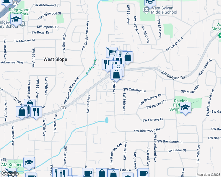 map of restaurants, bars, coffee shops, grocery stores, and more near 8805 Southwest Cashmur Lane in Portland