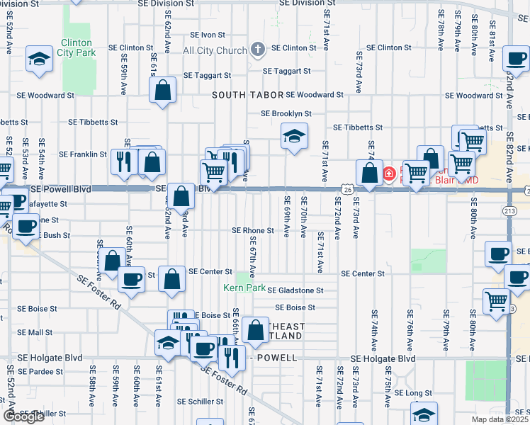 map of restaurants, bars, coffee shops, grocery stores, and more near 3553 Southeast 68th Avenue in Portland