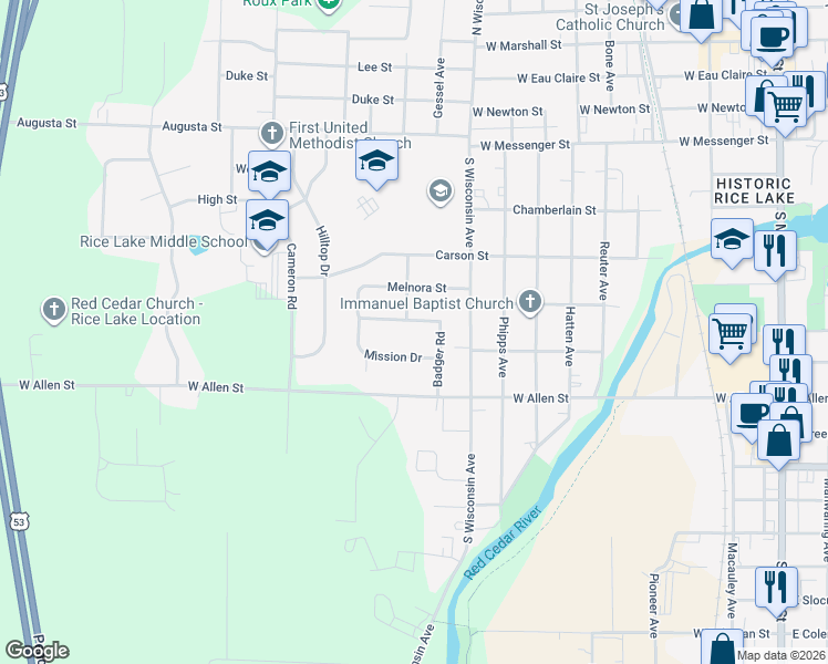 map of restaurants, bars, coffee shops, grocery stores, and more near 812 Terrace Drive in Rice Lake