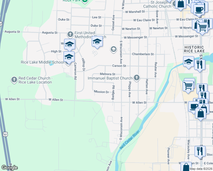 map of restaurants, bars, coffee shops, grocery stores, and more near 812 Terrace Drive in Rice Lake