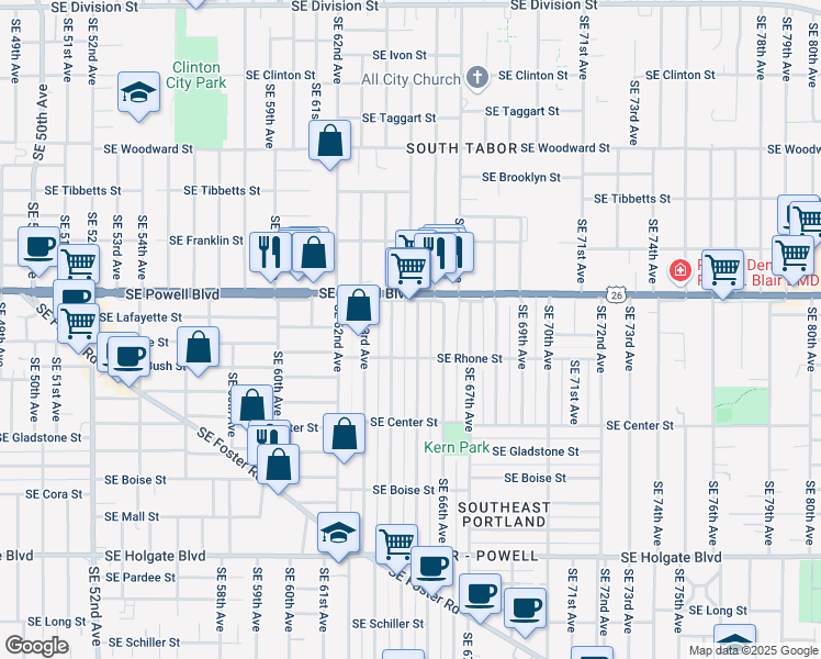 map of restaurants, bars, coffee shops, grocery stores, and more near 3559 Southeast 65th Avenue in Portland