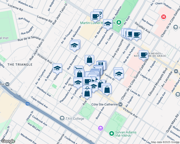 map of restaurants, bars, coffee shops, grocery stores, and more near 4670 Avenue Carlton in Montréal