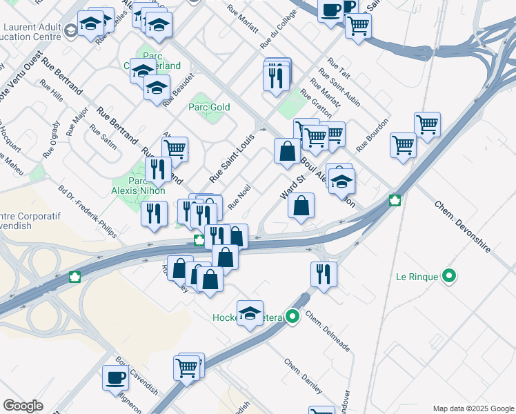 map of restaurants, bars, coffee shops, grocery stores, and more near 2370 Rue Gold in Montréal