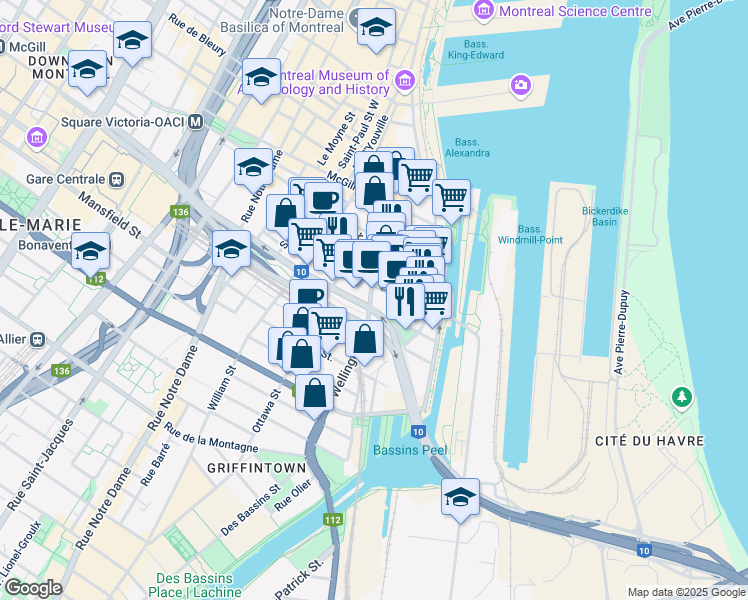 map of restaurants, bars, coffee shops, grocery stores, and more near 888 Wellington Street in Montreal