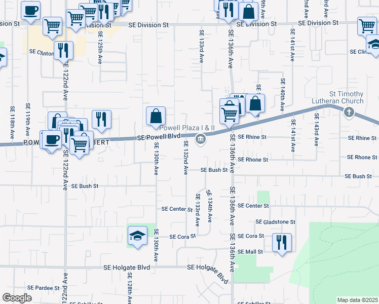 map of restaurants, bars, coffee shops, grocery stores, and more near 3522-3534 Southeast 132nd Avenue in Portland
