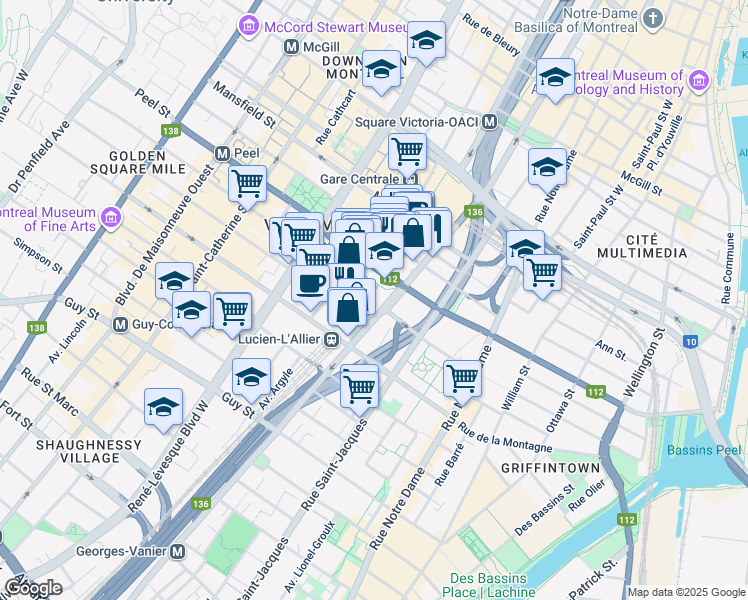 map of restaurants, bars, coffee shops, grocery stores, and more near in Montreal