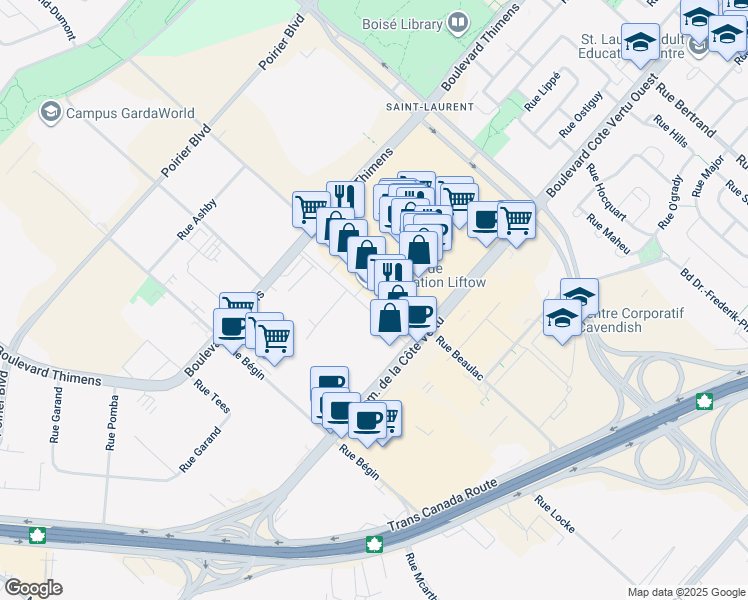 map of restaurants, bars, coffee shops, grocery stores, and more near in Montreal