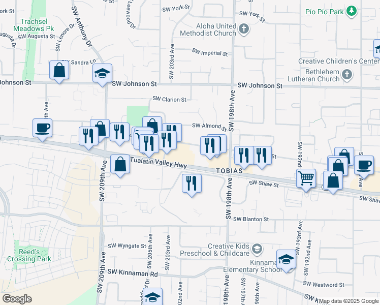 map of restaurants, bars, coffee shops, grocery stores, and more near 20130 Southwest Alexander Street in Aloha