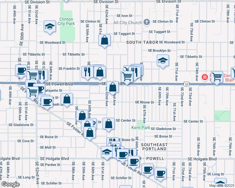 map of restaurants, bars, coffee shops, grocery stores, and more near 3556 Southeast 63rd Avenue in Portland