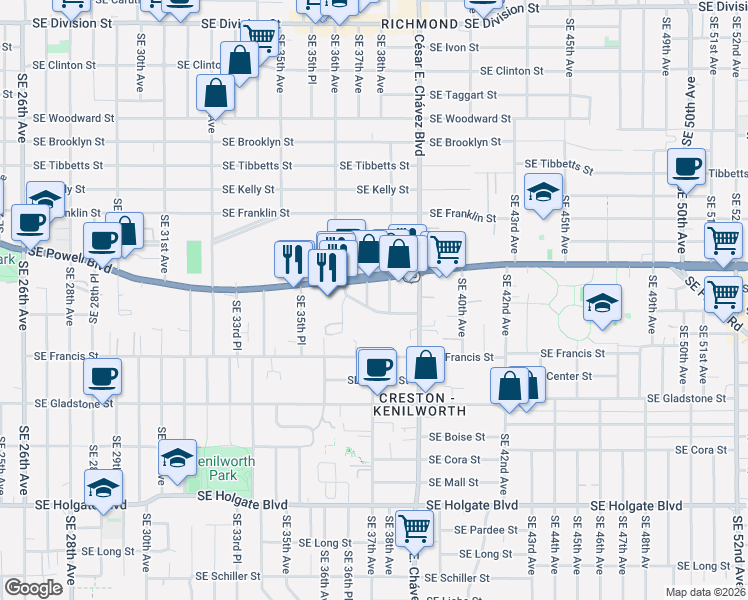 map of restaurants, bars, coffee shops, grocery stores, and more near 3642 Southeast 37th Avenue in Portland