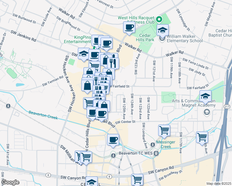 map of restaurants, bars, coffee shops, grocery stores, and more near 3259 Southwest 126th Avenue in Beaverton