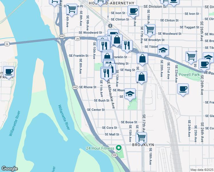 map of restaurants, bars, coffee shops, grocery stores, and more near 3615 Southeast Milwaukie Avenue in Portland