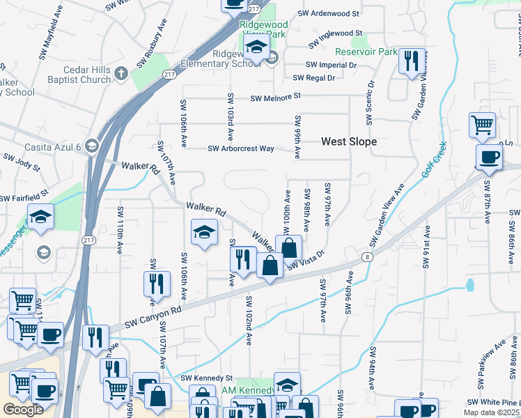 map of restaurants, bars, coffee shops, grocery stores, and more near 10125 Southwest Old Orchard Lane in Portland