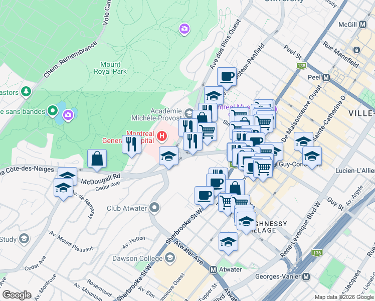 map of restaurants, bars, coffee shops, grocery stores, and more near 1595 Dr Penfield Ave in Montreal
