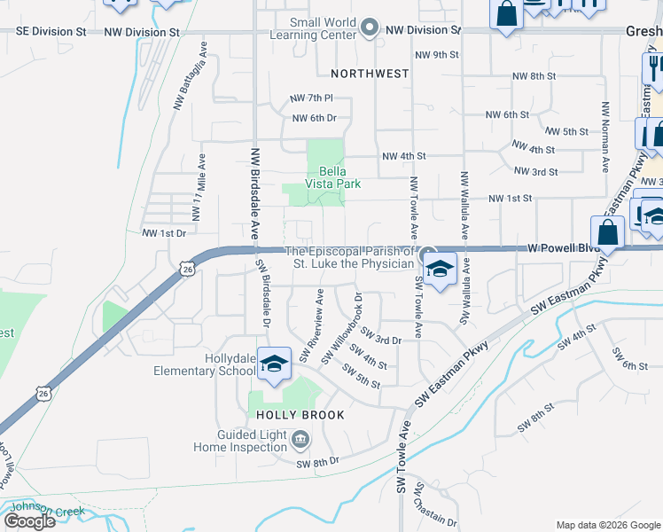 map of restaurants, bars, coffee shops, grocery stores, and more near 65 Southwest Willowbrook Place in Gresham