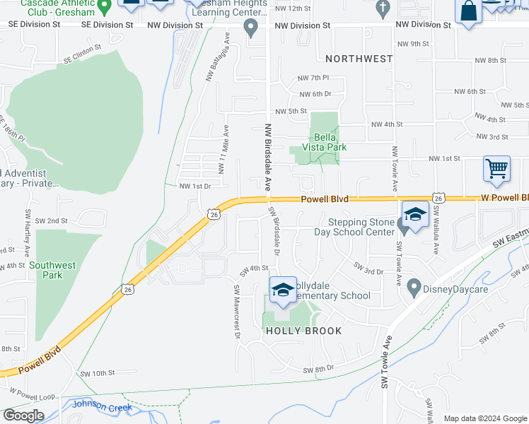 map of restaurants, bars, coffee shops, grocery stores, and more near 2343 Southwest 1st Street in Gresham
