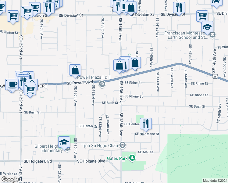 map of restaurants, bars, coffee shops, grocery stores, and more near 3609 Southeast 136th Avenue in Portland