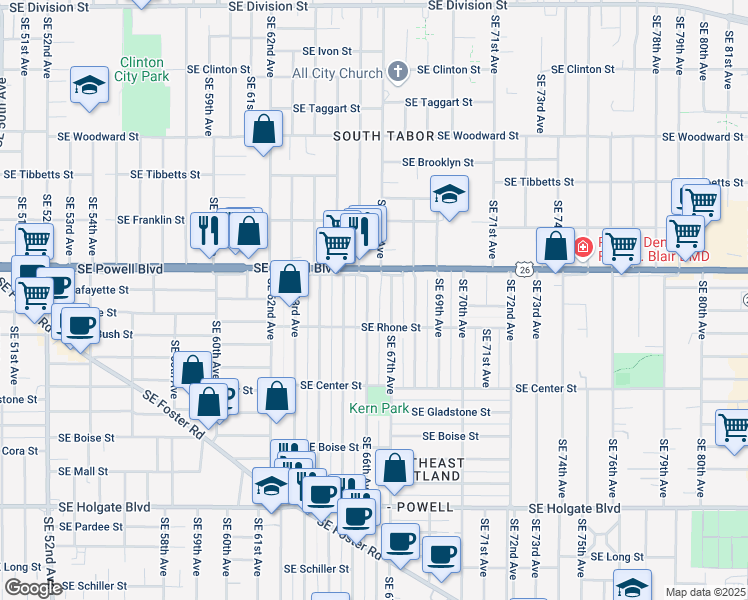 map of restaurants, bars, coffee shops, grocery stores, and more near 3600 Southeast 66th Avenue in Portland