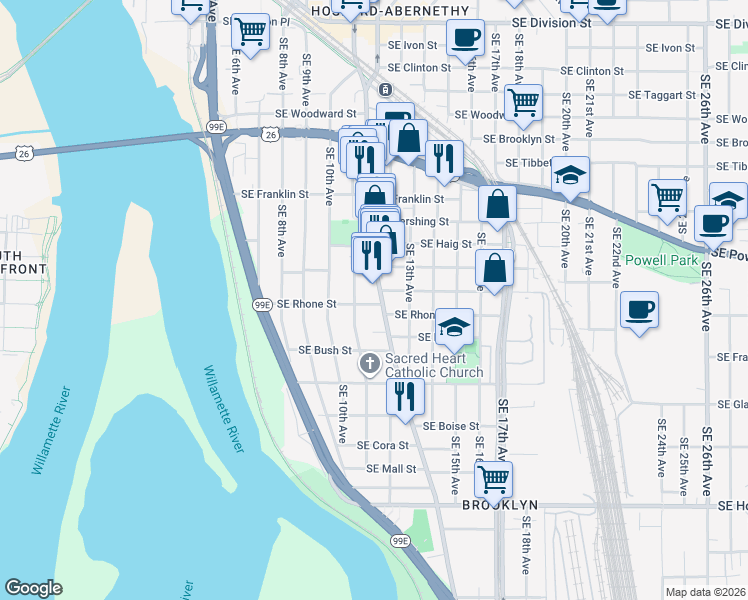 map of restaurants, bars, coffee shops, grocery stores, and more near 3619 Southeast Milwaukie Avenue in Portland