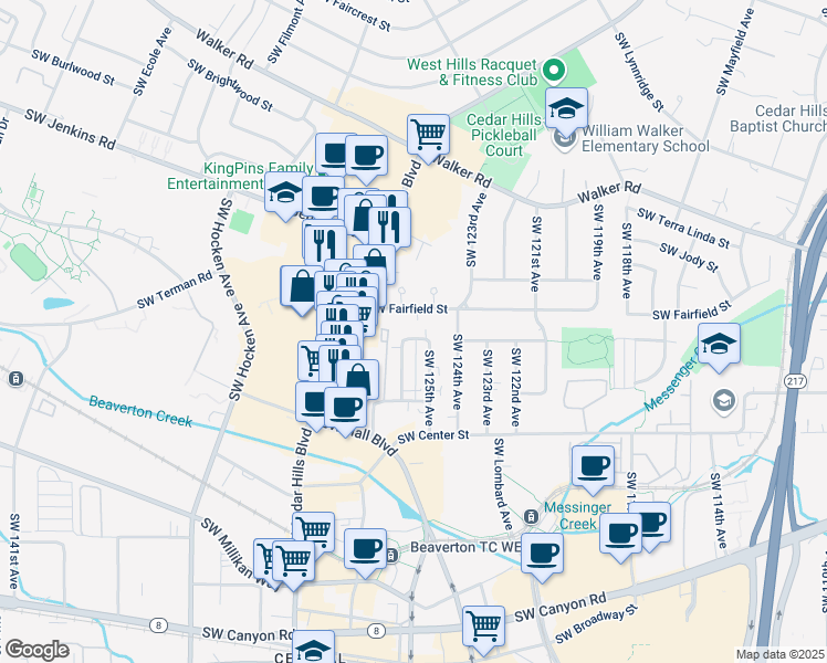 map of restaurants, bars, coffee shops, grocery stores, and more near 3259 Southwest 126th Avenue in Beaverton