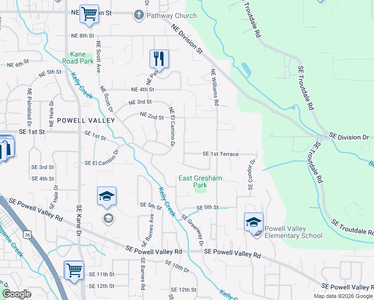 map of restaurants, bars, coffee shops, grocery stores, and more near 4215 Southeast 1st Terrace in Gresham