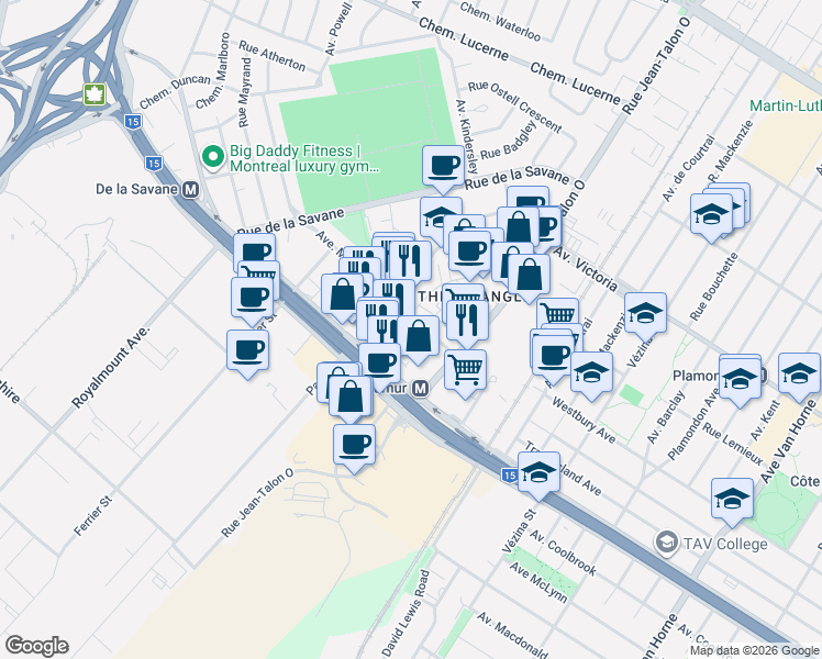 map of restaurants, bars, coffee shops, grocery stores, and more near 7480 Avenue Mountain Sights in Montréal