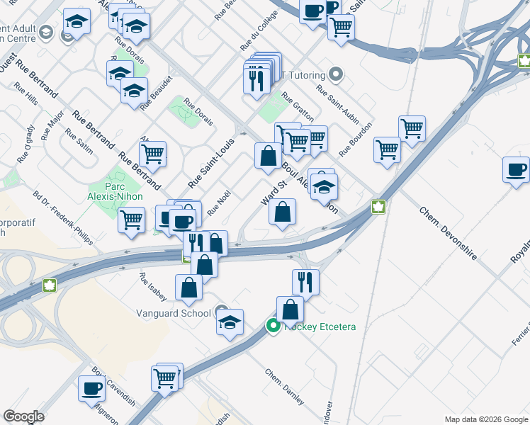 map of restaurants, bars, coffee shops, grocery stores, and more near 2320 Rue Ward in Montréal