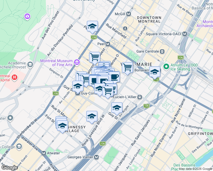 map of restaurants, bars, coffee shops, grocery stores, and more near 1220 Rue Crescent in Montrã©Al