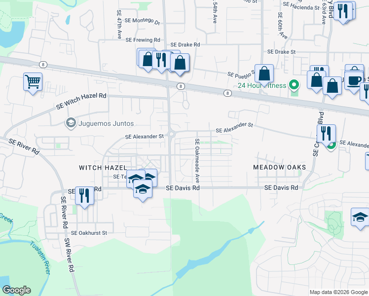 map of restaurants, bars, coffee shops, grocery stores, and more near 5115 Southeast Verbena Place in Hillsboro