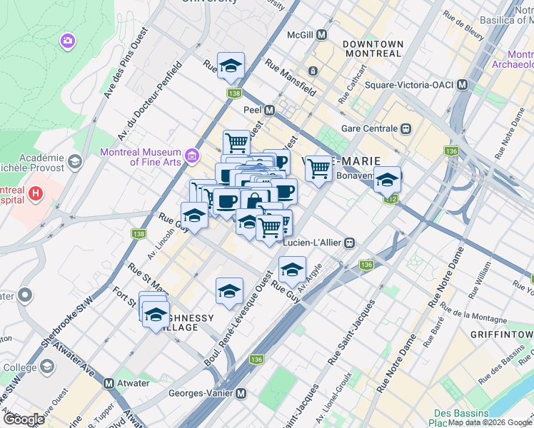 map of restaurants, bars, coffee shops, grocery stores, and more near 1220 Rue Crescent in Montrã©Al