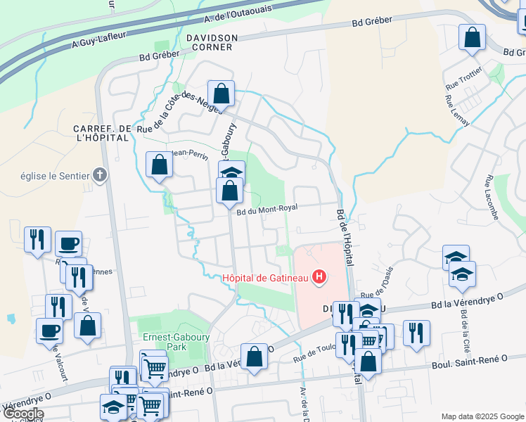 map of restaurants, bars, coffee shops, grocery stores, and more near 690 Boulevard du Mont Royal in Gatineau