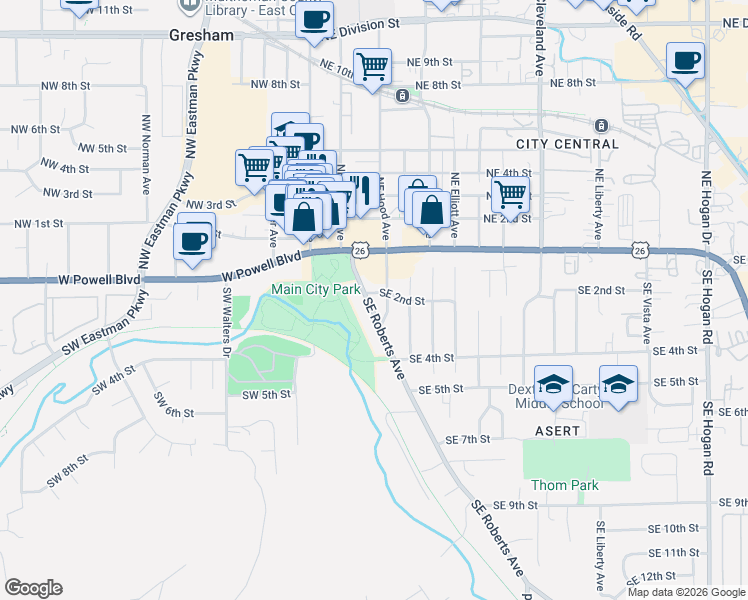 map of restaurants, bars, coffee shops, grocery stores, and more near 210 Southeast 2nd Street in Gresham