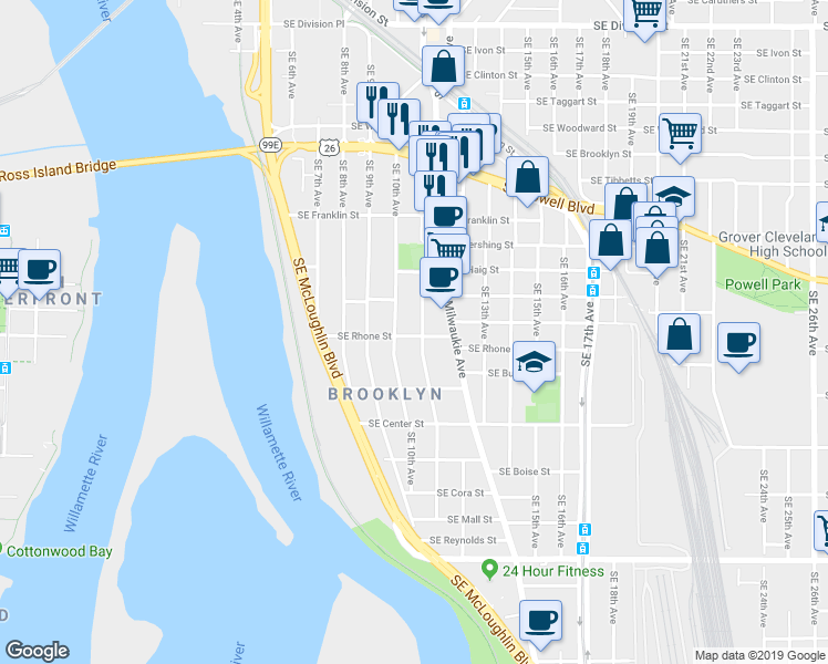 map of restaurants, bars, coffee shops, grocery stores, and more near 1035 Southeast Rhone Street in Portland