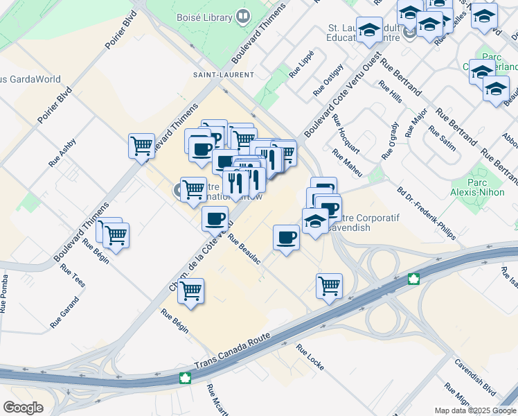 map of restaurants, bars, coffee shops, grocery stores, and more near in Montreal