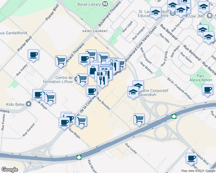 map of restaurants, bars, coffee shops, grocery stores, and more near 3131 Boulevard Cote Vertu Ouest in Montreal