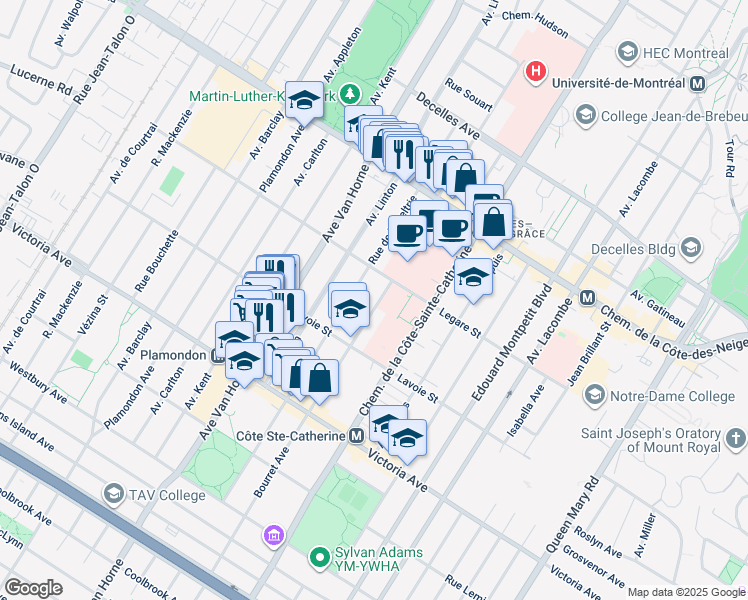 map of restaurants, bars, coffee shops, grocery stores, and more near 4155 Avenue Bourret in Montréal