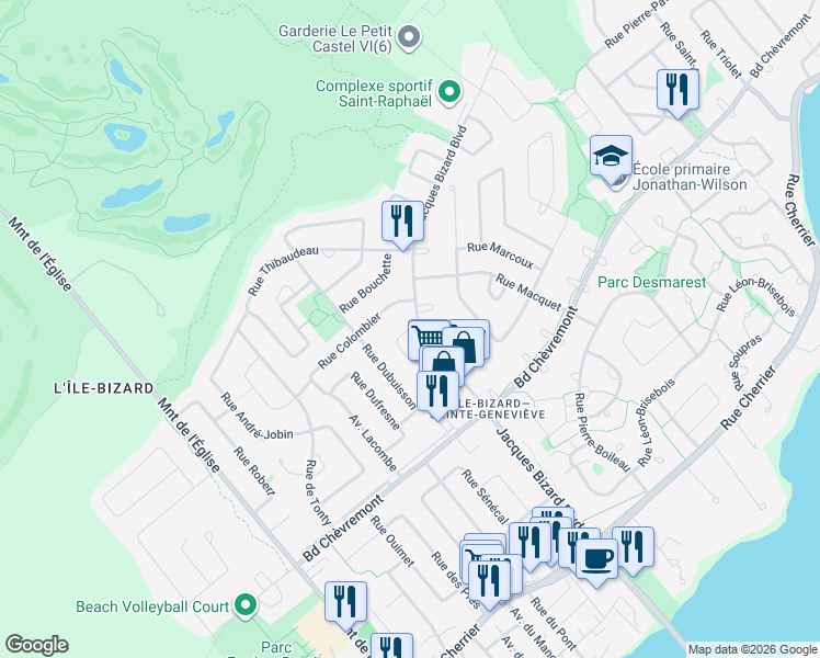 map of restaurants, bars, coffee shops, grocery stores, and more near Croissant Albert-Lacombe in Montréal