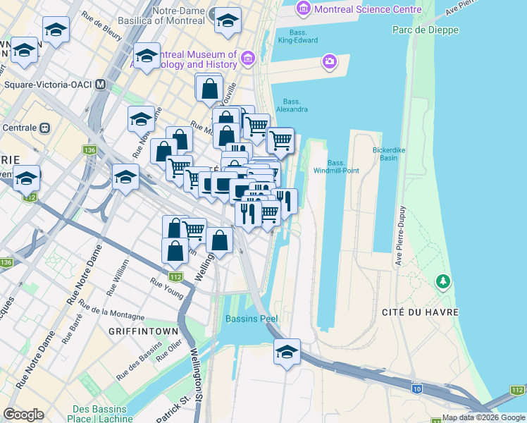 map of restaurants, bars, coffee shops, grocery stores, and more near 739 Rue de la Commune Ouest in Montréal