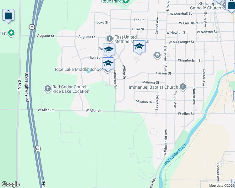 map of restaurants, bars, coffee shops, grocery stores, and more near 323 Cameron Road in Rice Lake