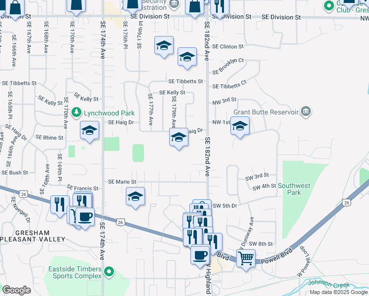 map of restaurants, bars, coffee shops, grocery stores, and more near 3505 Southeast 182nd Avenue in Portland